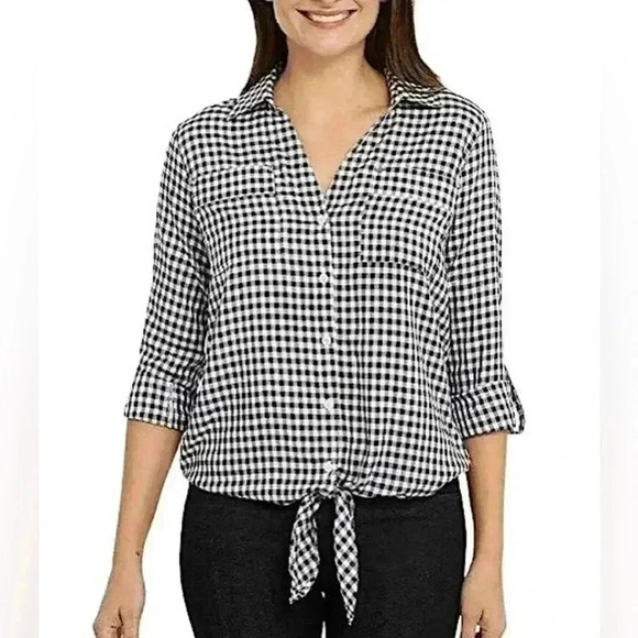 Jones New York Tops - Jones New York Women's Front Tie Button Down Gingham Blouse Size Medium